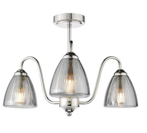 3 Light Glynis Semi Flush Polished Nickel and Smoked Glass Ceiling Light 