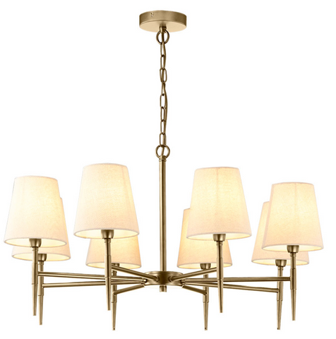 8 Light Antique Brass Chandelier with Fabric Shades 
