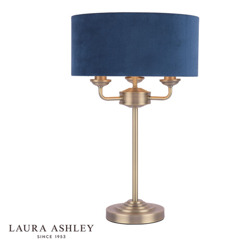 Laura Ashley Sorrento 3 Light Table Lamp Antique Brass & Blue Shade