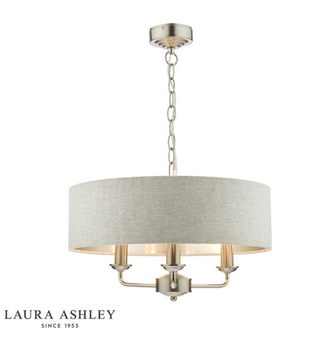 Laura Ashley Sorrento 3lt Pendant Satin Nickel With Natural Shade