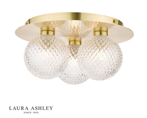 Laura Ashley Prague 3lt Flush Bathroom Light Glass Satin Brass IP44