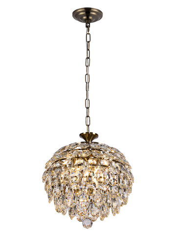 Coniston 35cm Pendant, 3 Light E14, Antique Brass/Crystal