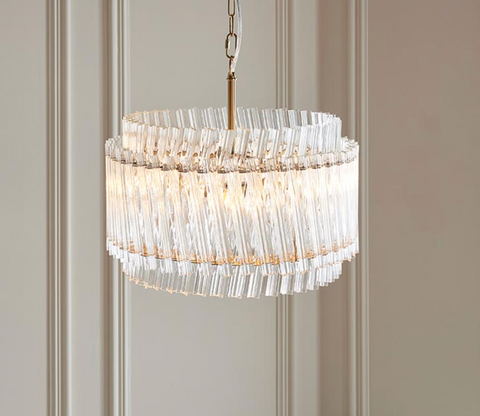 Brushed aged brass 3 light pendant ceiling light with double layered clear glass rods