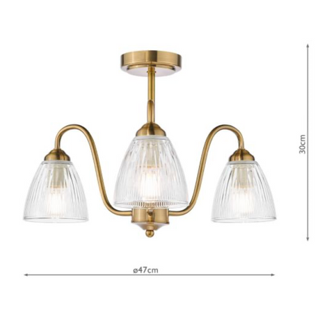 3 Light Glynis Semi Flush Antique Bronze and Ribbed Glass Ceiling Light