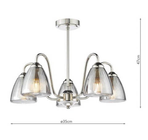 5 Light Glynis Semi Flush Polished Nickel and Smoked Ribbed Glass Ceiling Light