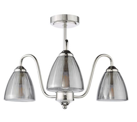 3 Light Glynis Semi Flush Polished Nickel and Smoked Glass Ceiling Light