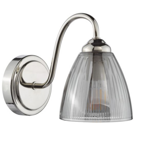 1 Light Glynis Polished Nickel and Smoked Ribbed Glass Wall Light