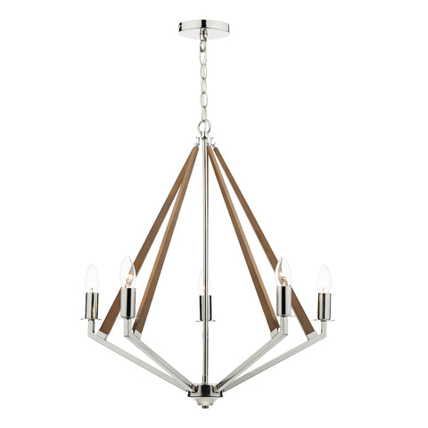 Hotel 5 Light Pendant Polished Nickel Wood