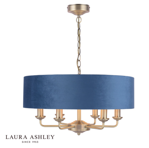 Laura Ashley Sorrento 6 Light Pendant Matt Antique Brass & Blue Shade