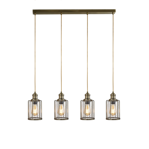 PIPES 4LT BAR PENDANT, ANTIQUE BRASS WITH SEEDED GLASS