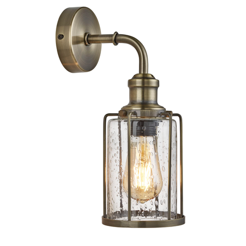 PIPES 1LT WALL LIGHT, ANTIQUE BRASS WITH SEEDED GLASS